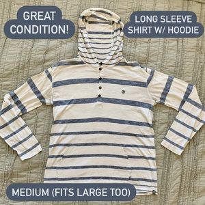 Long-Sleeve Henley Shirt w/ Hoodie - Blue & White